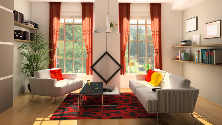 room with a red rug