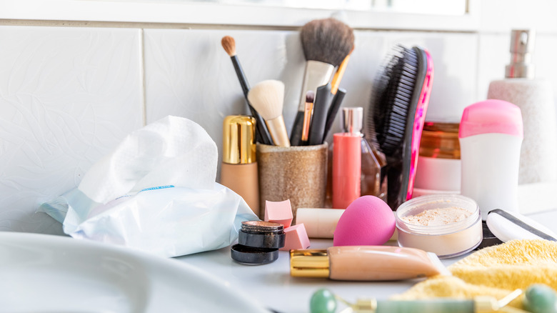 Cluttered bathroom countertop