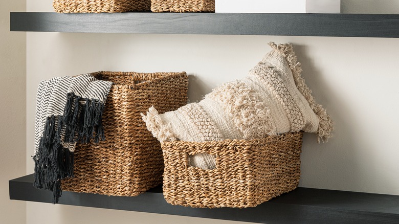 textured pillow in woven basket