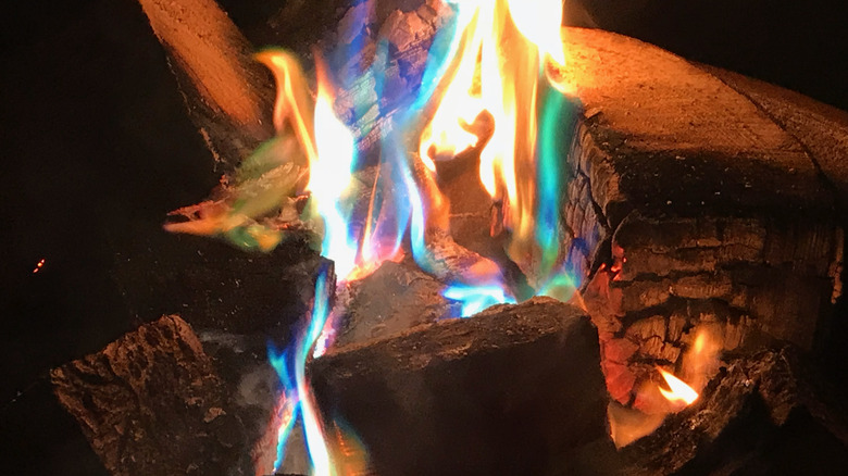 Colorful flames in a fireplace