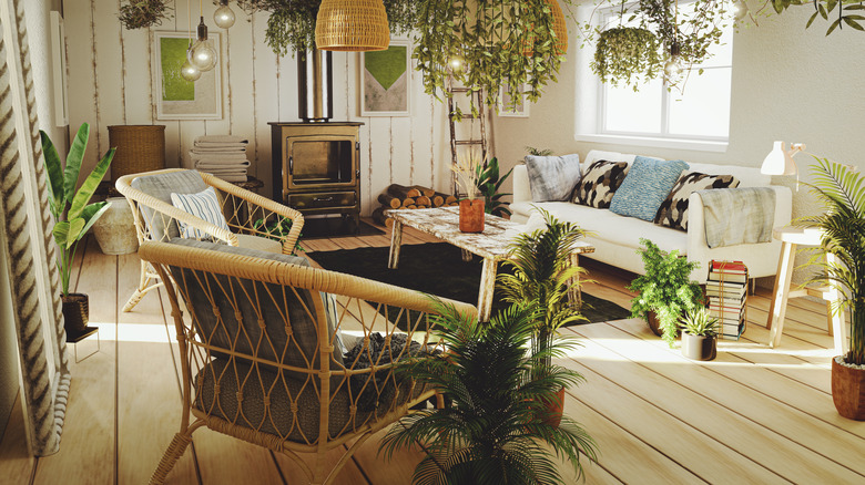 living room with many plants