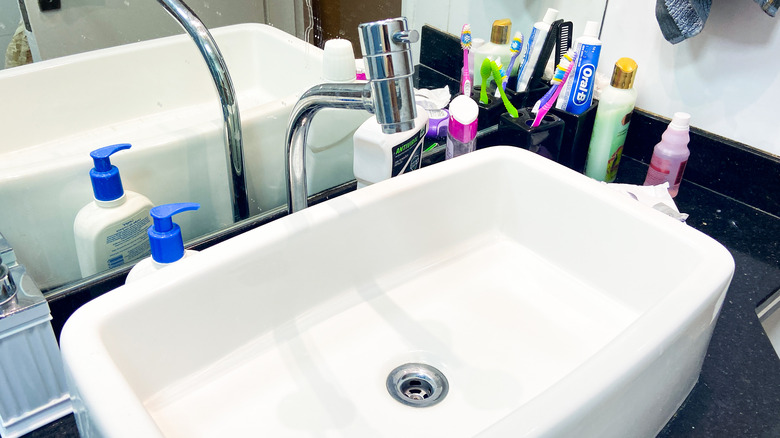 Cluttered bathroom counter