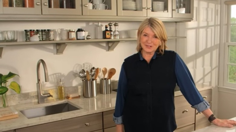 glass cabinets behind Martha Stewart