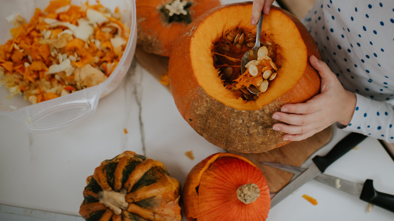 A person scoops out pumpkin seeds