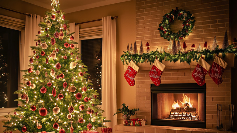 A bright christmas tree near a fireplace hung with stockings