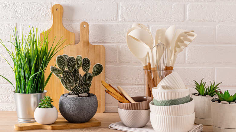 Eco-friendly kitchen items with wooden utensils, cutting board, and ceramic bowls arranged with plants