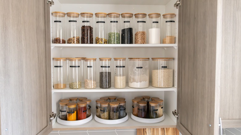 Labeled and organized canisters in a cabinet