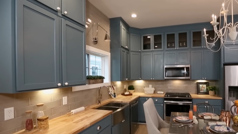 kitchen with blue cabinetry