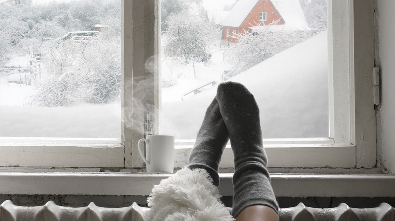 Feet in front of winter window