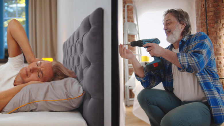 Man drilling into a wall and woman not happy