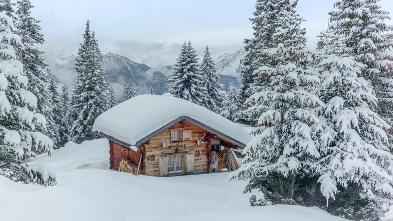 small wooden cabin in snow