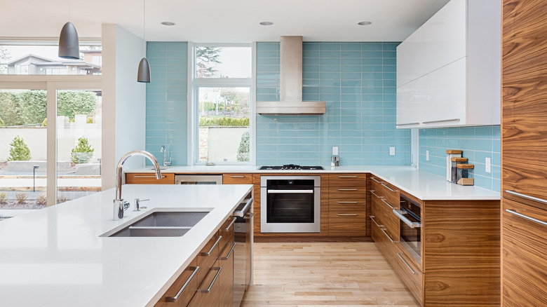 kitchen backsplash with blue tile