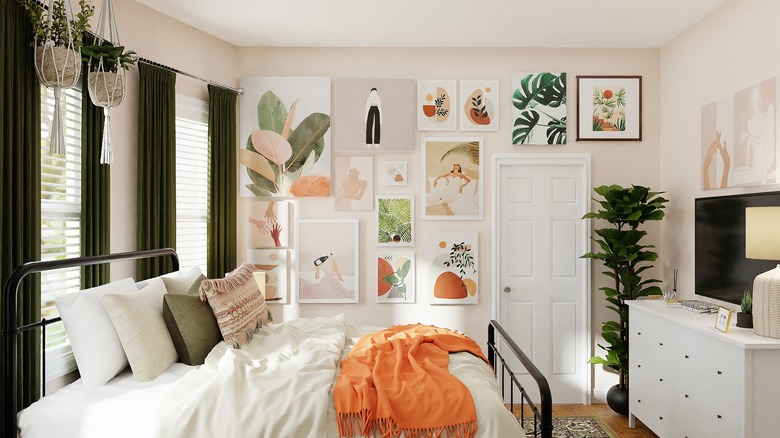 colorful bedroom with green curtains