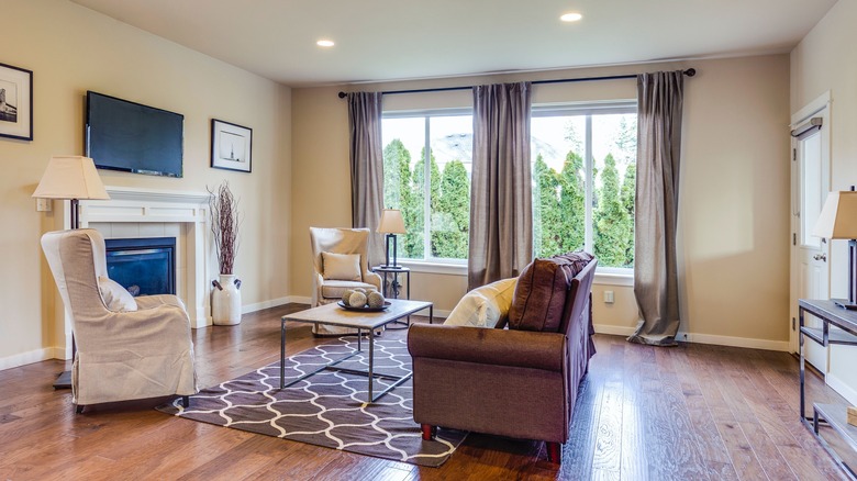 neutral living room with curtains