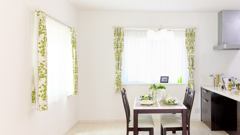 floral window curtains in kitchen