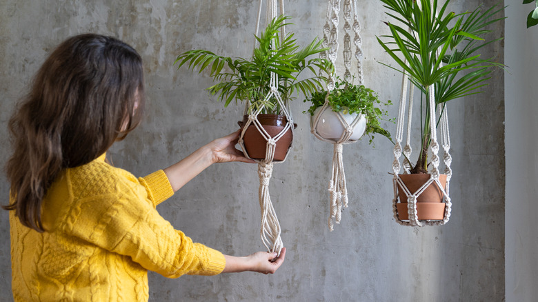 woman playing with hanging plant