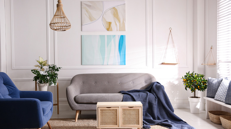 living room with blue decor