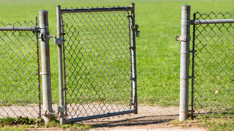 Open chain link fence gate in a yard