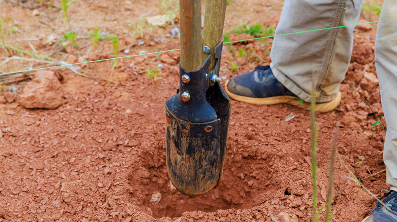 Person digging a hole for a chain link fence post