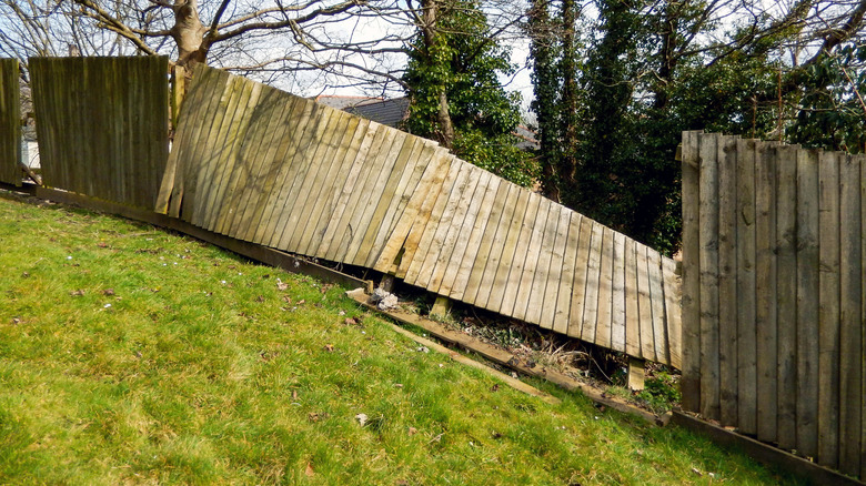 A damaged fence that was blown down by the wind