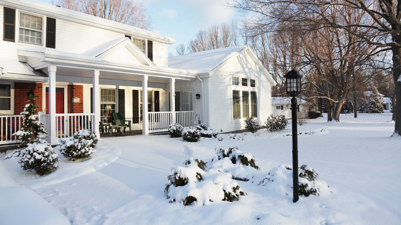 A snow-covered front yard