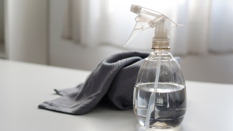 Bottle of white vinegar and cleaning cloth