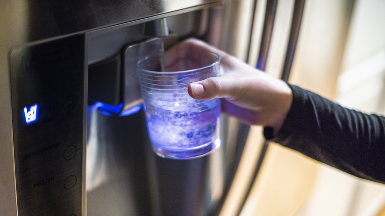 Person filling glass from fridge water dispenser