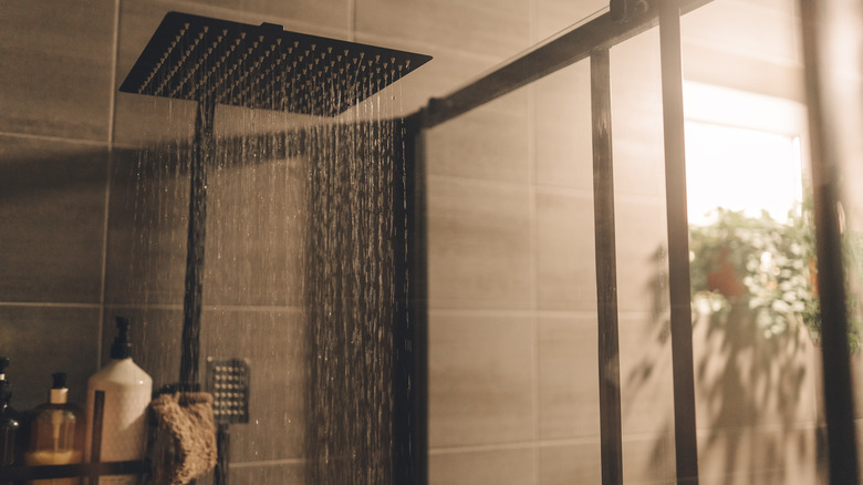 Close up of water flowing from shower in the bathroom interior