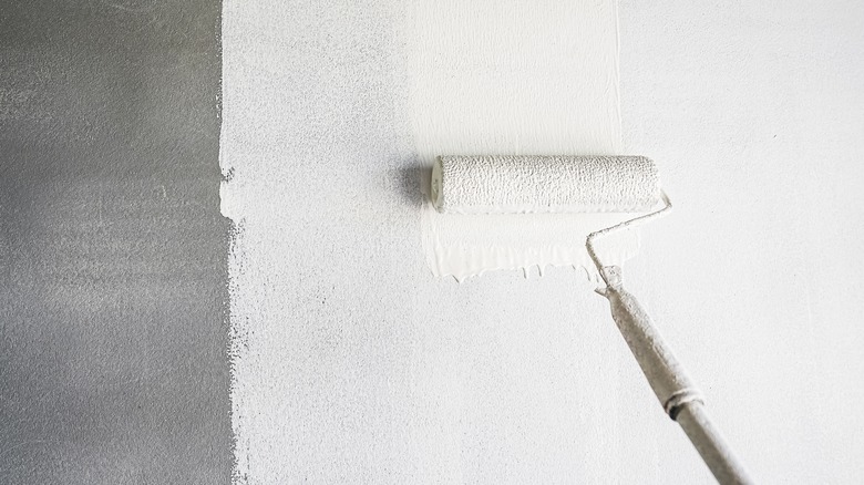 Person applying strokes of white paint using a roller