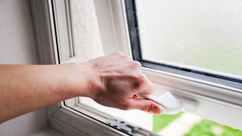 Hand opens a window, visible green grass is seen beyond the glass