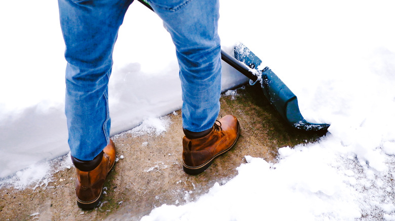 Person shoveling snow from a sidewalk