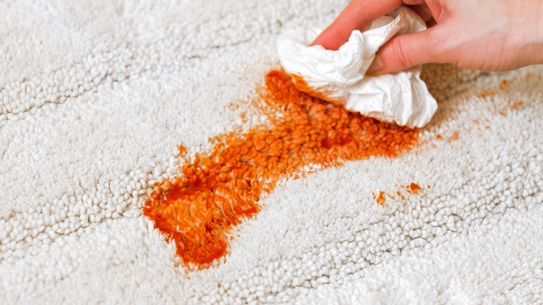 Person cleaning stained carpet 