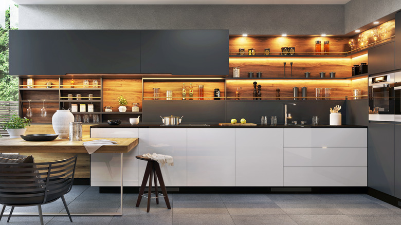 A modern kitchen with open shelves