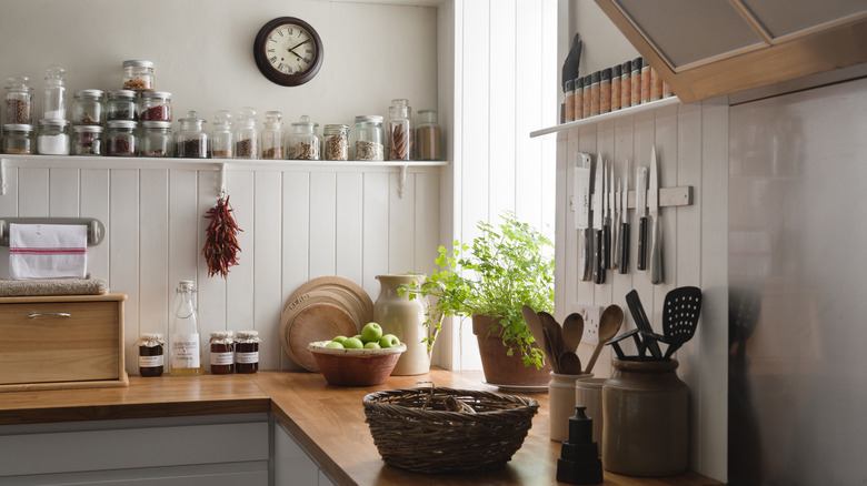 Wood backsplash in cozy modern farmhouse kitchen