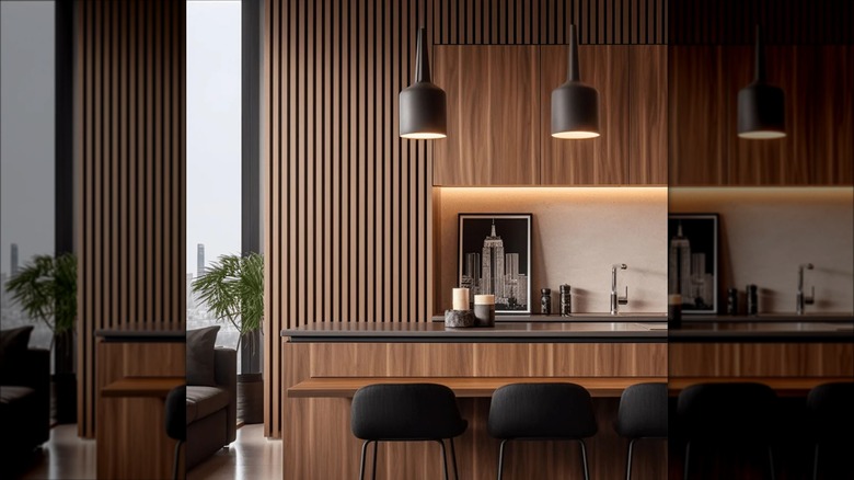 3D Acoustic Slat Walnut Wood Wall Panels installed around wood cabinets