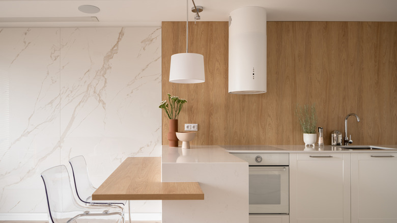 Modern kitchen with a large single-piece wood panel backspalsh