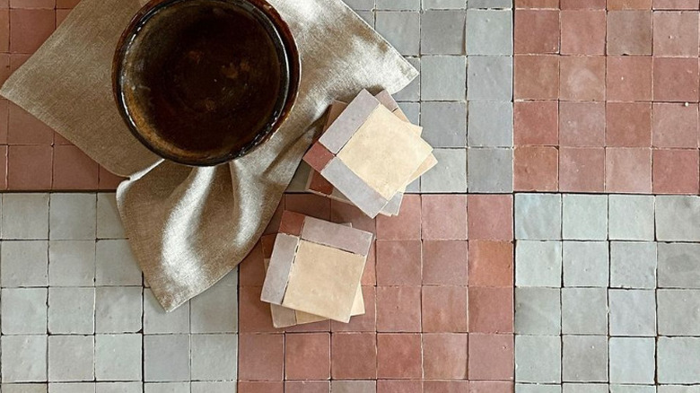 checkered pattern tiles in pink and white