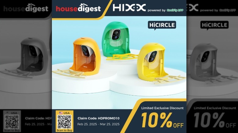 Promotion depicting HIXX Smart Bird Feeders and 10% off using discount code HDPROMO10 between Feb. 25 and March 25, 2025