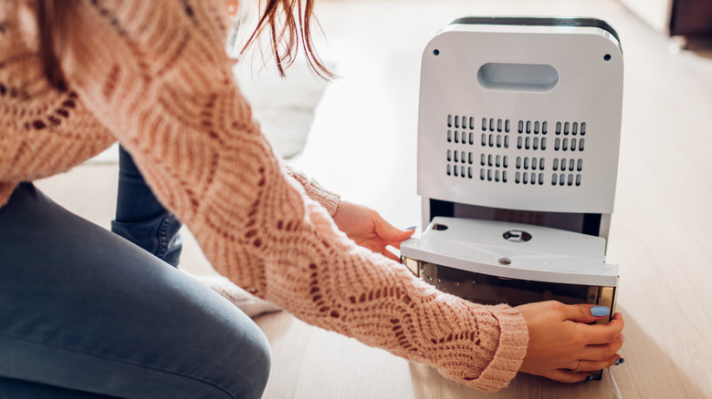 Woman emptying dehumidifier