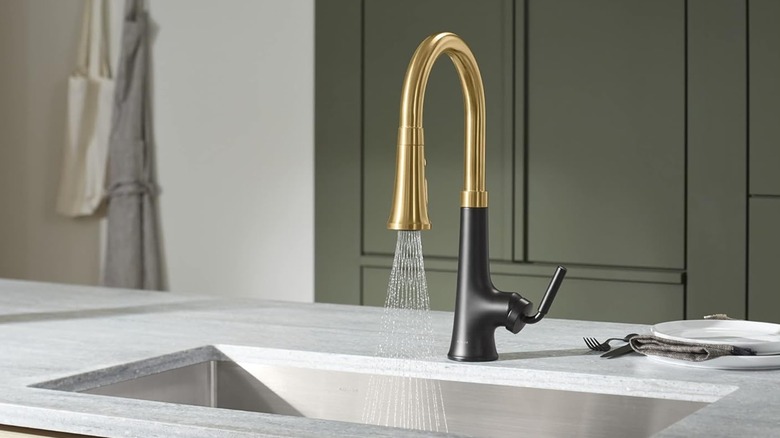 A Kohler Tone kitchen faucet spraying water