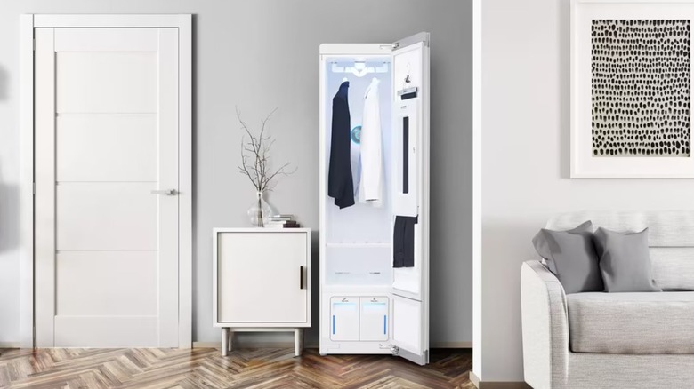 An LG Steam Closet in a living area