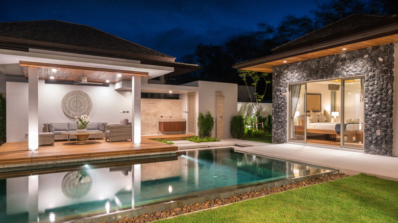 Pool lounge area at night