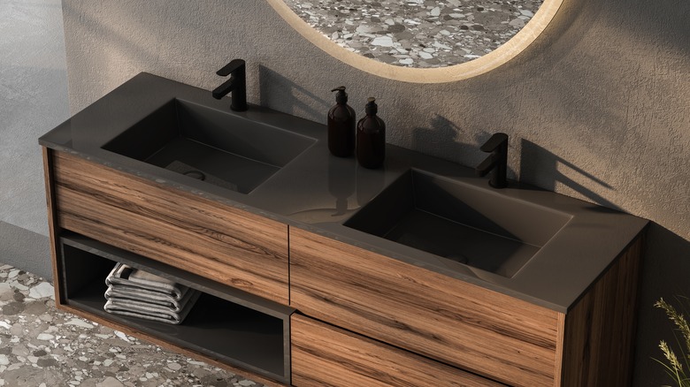 Brown countertops inside aesthetic bathroom