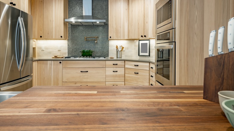 butcher block island in kitchen