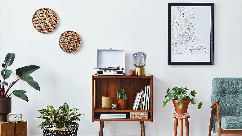 baskets and map on wall