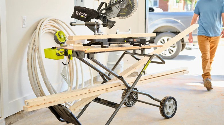 The RYOBI workbench complete with different attachments.