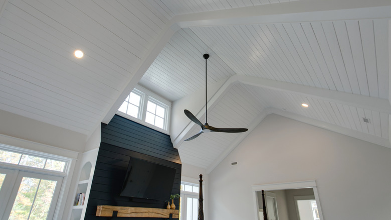 Shiplap planks on a cathedral ceiling