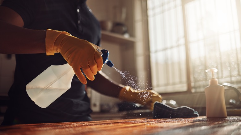 Gloved hand spraying countertop