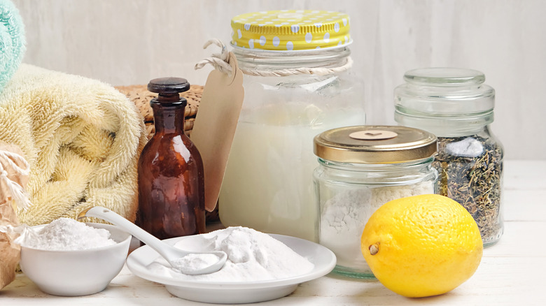 Baking soda, essential oils, and other ingredients for making a DIY closet freshener