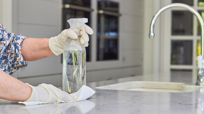 Person holds cleaning spray on kitchen countertop.